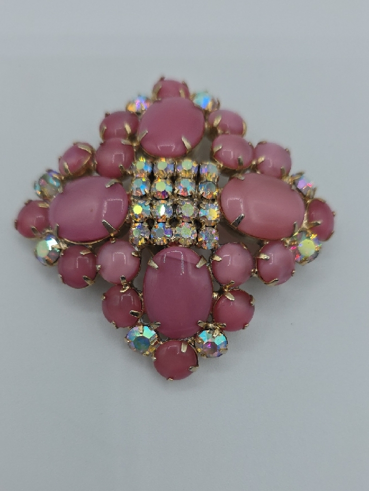 Vintage Pink Cluster Cabochon & Aurora Rhinestone Brooch